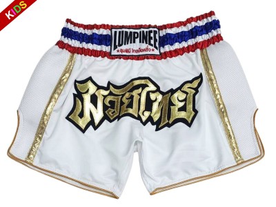 Lumpinee Kids Muay Thai Boxing Shorts : LUMRTO-006-White-K