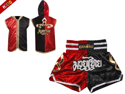 Muay Thai Set - Customize Boxing Hoodies and Muay Thai Shorts for Children : SHOHOD-143-Red-Black
