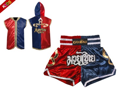 Muay Thai Set - Customize Boxing Hoodies and Muay Thai Shorts for Children : SHOHOD-143-Red-Navy