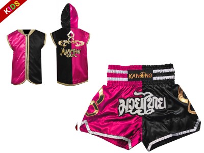 Muay Thai Set - Customize Boxing Hoodies and Muay Thai Shorts for Children : SHOHOD-143-Rose-Black