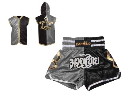 Muay Thai Pack - Personalised Boxing Hoodies + Muay Thai Shorts : Set-SHOHOD-143-Silver-Black