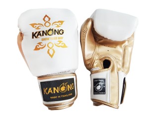 Kanong Muay Thai Boxing Gloves : "Thai Power" White/Gold Thai Tattoo