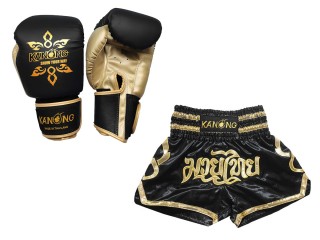 Muay Thai Pack - Boxing gloves and Thai Boxing Shorts with name: Model 121 Black