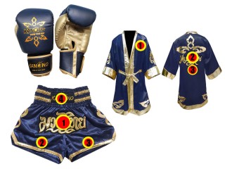 Boxing Gloves + custom Muay Thai shorts + custom boxing robe : Navy Thai Power