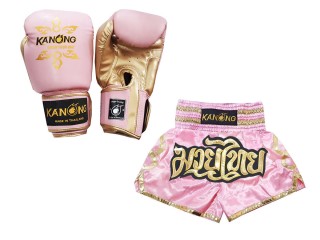 Muay Thai Pack - Boxing gloves and Thai Boxing Shorts with name : Model 121 Pink