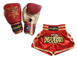 Muay Thai Pack - Boxing gloves and Thai Boxing Shorts with name : Model 121 Red