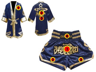 Customized Muay Thai Set Kanong Thai Boxing Robe + Kickboxing Shorts : Navy Lai Thai
