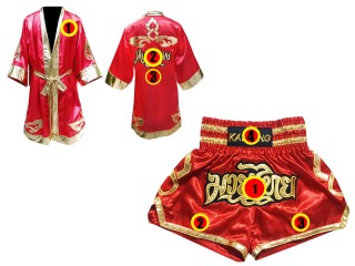 Customized Muay Thai Set Kanong Boxing Robe +  Boxing Shorts : Red Lai Thai