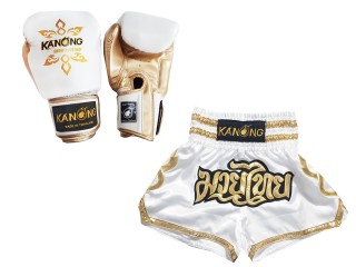Muay Thai gear bundle set  - Boxing gloves and Thai Boxing Shorts with name : Model 121 White