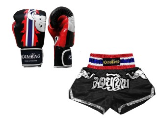 Muay Thai Pack - Boxing gloves and Thai Boxing Shorts with name : Model 125 Black