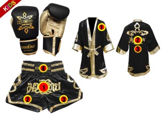 Customized Set of Thai Boxing Gloves + custom shorts + custom robe for kids : Black Thai Power