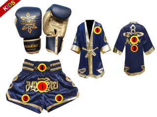 Customized Bundle Set of Thai Boxing Gloves + custom shorts + custom robe for kids : Navy Thai Power