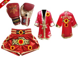 Customized Set of Thai Boxing Gloves + custom shorts + custom robe for kids : Red Thai Power