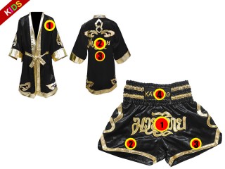 Muay Thai Set - Custom Boxing Robe + Muay Thai  Shorts for Children : Black Lai Thai