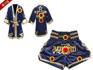 Muay Thai Set - Custom Boxing Robe + Muay Thai  Shorts for Children : Navy Lai Thai