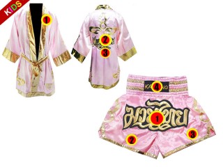 Muay Thai Set - Custom Boxing Robe + Muay Thai  Shorts for Children : Pink Lai Thai