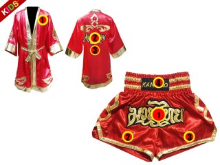 Muay Thai Set - Custom Boxing Robe + Muay Thai  Shorts for Children : Red Lai Thai