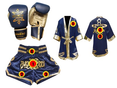 Muay Thai Set - Boxing Gloves + custom Muay Thai shorts + custom boxing robe : Navy Thai Power