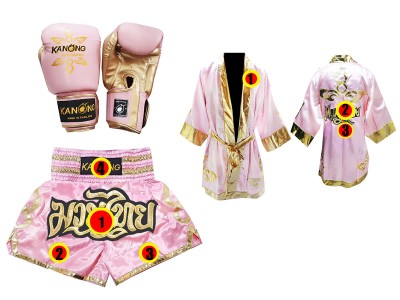 Muay Thai Set - Boxing Gloves + custom Muay Thai shorts + custom boxing robe : Pink Thai Power
