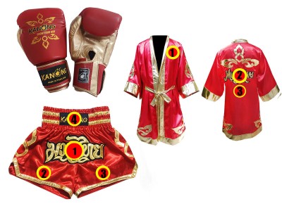 Muay Thai Set - Boxing Gloves + custom Muay Thai shorts + custom boxing robe : Red Thai Power