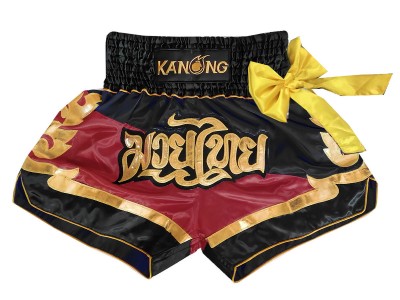 Kanong Ribbons Muay Thai Shorts with bows : KNS-130-Black-Maroon