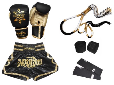 Boxing Gloves and Muay Thai Shorts Set with Complete Gear : Set-121-Black