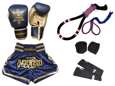 Boxing Gloves and Muay Thai Shorts Set with Complete Gear : Set-121-Navy