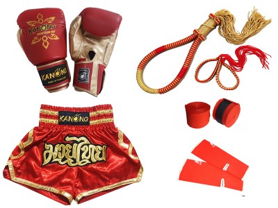 Boxing Gloves and Muay Thai Shorts Set with Complete Gear : Set-121-Red