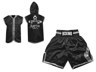 Customized Kanong Boxing Hoodies Jacket + Boxing Shorts : KNCUSET-008-Black-Silver