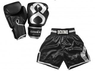 Matching Boxing gloves and Boxing Shorts with name : KNCUSET-201-Black-Silver