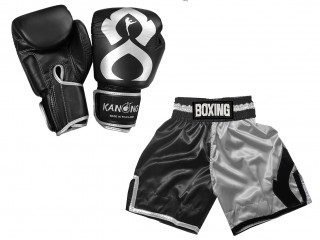 Matching Boxing gloves and Boxing Shorts with name : KNCUSET-202-Black-Silver