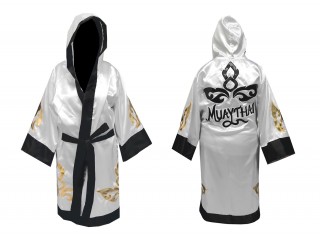 Customized Kanong Muay Thai Boxing Robe with hood : KNFIR-143-White