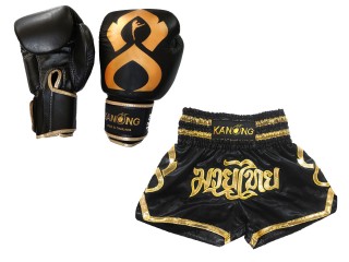 Matching Boxing gloves and Muay Thai Shorts with name : Set-121-Thaikick-Black