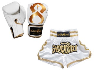 Matching Boxing gloves and Muay Thai Shorts with name : Set-121-Thaikick-White