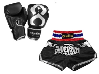 Matching Boxing gloves and Muay Thai Shorts with name : Set-125-Gloves-Thaikick-Black