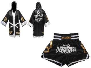 Customized Kanong Muay Thai Robe + Thai Boxing Shorts : Set-143-Black