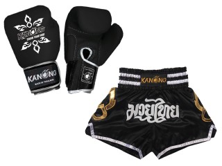 Matching Boxing gloves and Muay Thai Shorts with name: Set-143-Gloves-Black