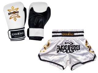 Matching Boxing gloves and Muay Thai Shorts with name : Set-143-Gloves-White