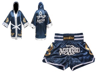 Customized Kanong Muay Thai Robe + Thai Boxing Shorts : Set-143-Navy