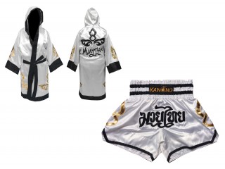 Customized Kanong Muay Thai Robe + Thai Boxing Shorts : Set-143-White