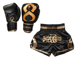 Matching Boxing gloves and Muay Thai Shorts with name : Set-144-Gloves-Black-Gold