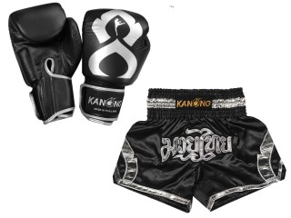 Matching Boxing gloves and Muay Thai Shorts with name : Set-144-Gloves-Black-Silver