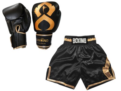 Boxing set - Boxing gloves and Boxing Shorts with name : KNCUSET-201-Black-Gold