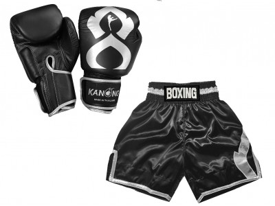 Boxing set - Boxing gloves and Boxing Shorts with name : KNCUSET-201-Black-Silver