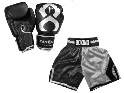 Boxing set -  Boxing gloves and Boxing Shorts with name : KNCUSET-202-Black-Silver