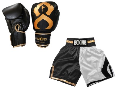 Boxing set - Boxing gloves and Boxing Shorts with name : KNCUSET-202-Black-White