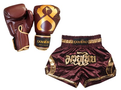 Bundle -  Boxing gloves and Muay Thai Shorts with name : Set-144-Gloves-Maroon