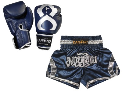 Bundle - Boxing gloves and Muay Thai Shorts with name : Set-144-Gloves-Navy