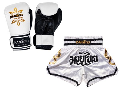 Muay Thai Bundle -Boxing gloves and custom Muay Thai Shorts  : Set-143-Gloves-White