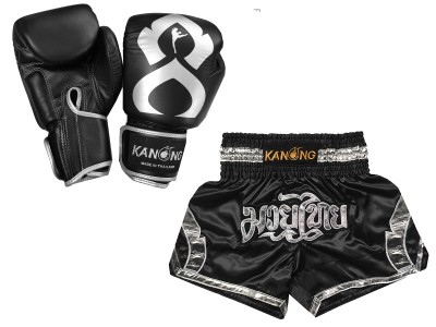 Muay Thai Bundle - Boxing gloves and custom Muay Thai Shorts  : Set-144-Gloves-Black-Silver
